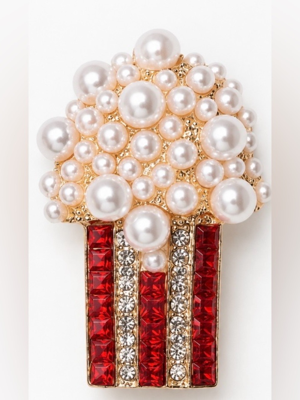 Popcorn Brooch Pearl Rhinestone Red Gold Tone Novelty Pin